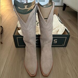 Suede Western Knee-High Boots in Taupe